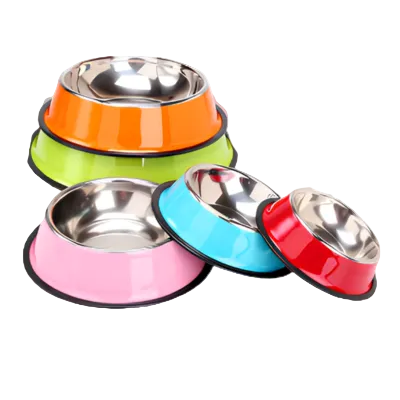 Dog feed and water bowl colorful and variable sizes.