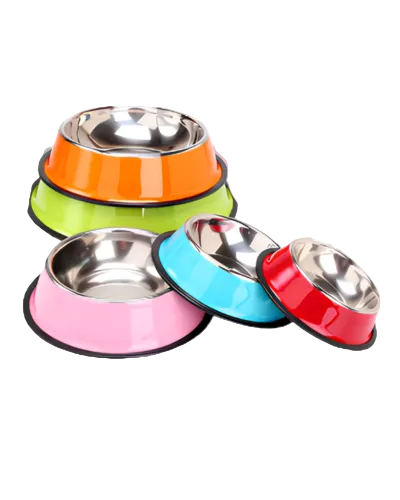 Dog feed and water bowl colorful and variable sizes.
