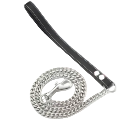 Small silver metal chain dog leash with black loop handle and metal snap hook