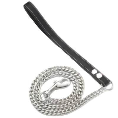 Small silver metal chain dog leash with black loop handle and metal snap hook