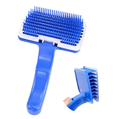 large blue self-cleaning button slicker grooming brush for cats and dogs