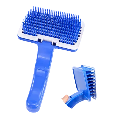 large blue self-cleaning button slicker grooming brush for cats and dogs