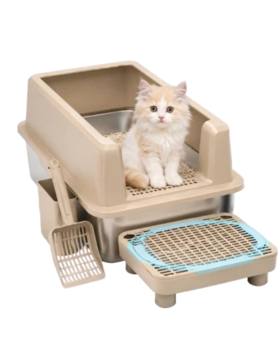 High Sided Stainless Steel Cat Litter Box With Step And Scoop