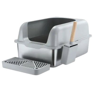 High Sided Stainless Steel Cat Litter Box With Step And Scoop