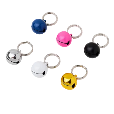 Assorted blue pink black silver white and gold cat collar bells with metal rings