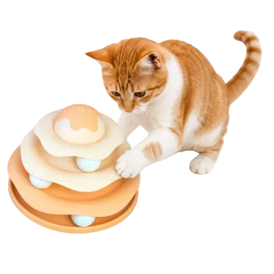Beige multi-level interactive cat track toy with light blue rolling balls