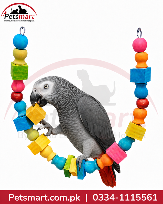 Bird Balance Beam hanging wooden toy 4 by 80cm with colourful beads and blocks, african grey parorot