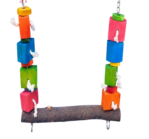Bird Blocks natural wooden swing 30 by 31cm with colourful blocks rope and hanging chains