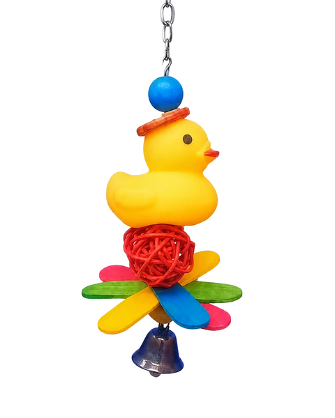 Bird Duck and Bell hanging toy 8 by 21cm with colourful pieces woven ball and bell