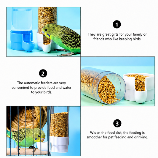 A promotional collage for Petsmart automatic bird feeders and waterers, showing three numbered panels with a green bird, a blue water bottle and feeder, and a clear cylindrical feeder filled with birdseed. Text describes benefits, with Petsmart branding and contact information on a red footer.
