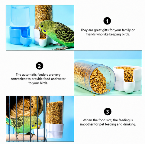 A promotional collage for Petsmart automatic bird feeders and waterers, showing three numbered panels with a green bird, a blue water bottle and feeder, and a clear cylindrical feeder filled with birdseed. Text describes benefits, with Petsmart branding and contact information on a red footer.