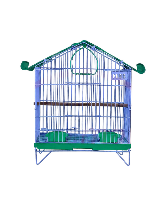 Bird Rocket Hut Cage with house-shaped roof front access perch and feeding cups