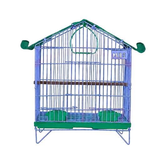 Bird Rocket Hut Cage with house-shaped roof front access perch and feeding cups