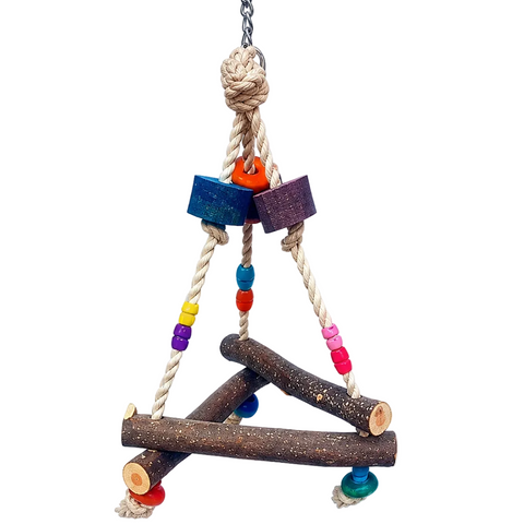 Bird Triangle Adventure hanging toy 18 by 40cm with rope wooden perches beads and colourful blocks