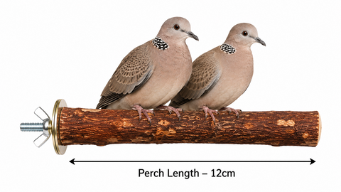 Two birds perched on a wooden adjustable pet perch with a dimension arrow indicating 12cm perch length, on a white background with the Petsmart logo and contact details.