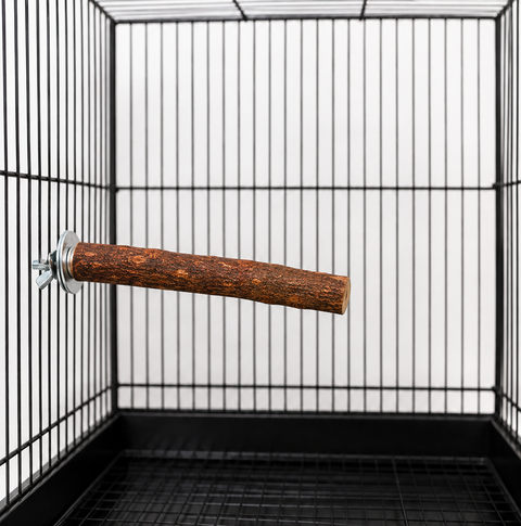 A black metal pet cage with a wooden hanging perch mounted on the left side, shown against a white background. The Petsmart logo is visible in the top right corner, and a red contact banner is at the bottom.