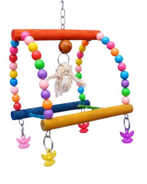 Bird wooden candy swing with colourful beads wooden bars and hanging decorative pieces