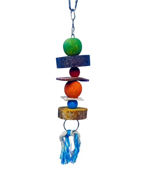 Birdie Balls hanging wooden bird toy 5 by 25cm with colourful balls blocks and tassel
