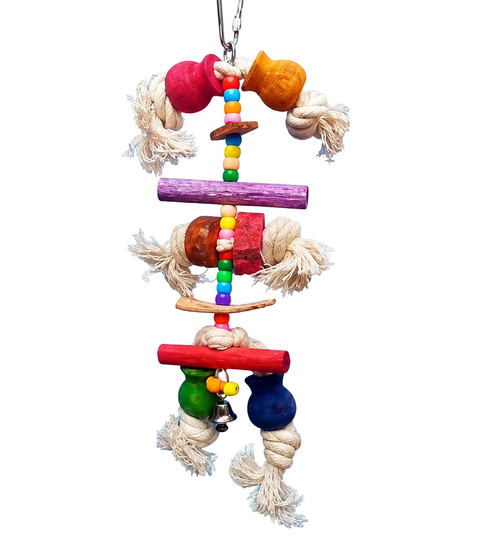 Birdie Bella hanging bird toy with colourful wooden pieces rope knots beads and bell