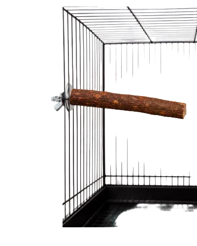 A wooden bird perch attached to a black metal wire cage, shown against a white background with Petsmart branding and contact details.