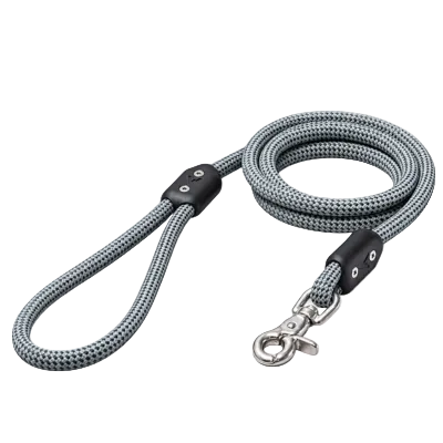Blue braided rope dog leash with loop handle and metal clip