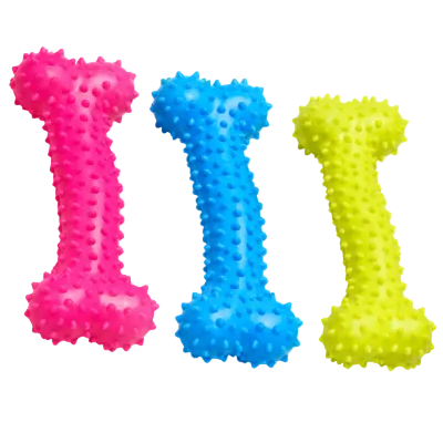 Bone-shaped textured teether toy for puppies and dogs in pink blue and yellow-green colours