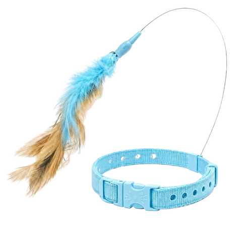 adjustable blue cat collar with feather playing toy