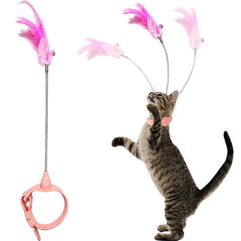 pink cat collar with feather teaser toy for cats