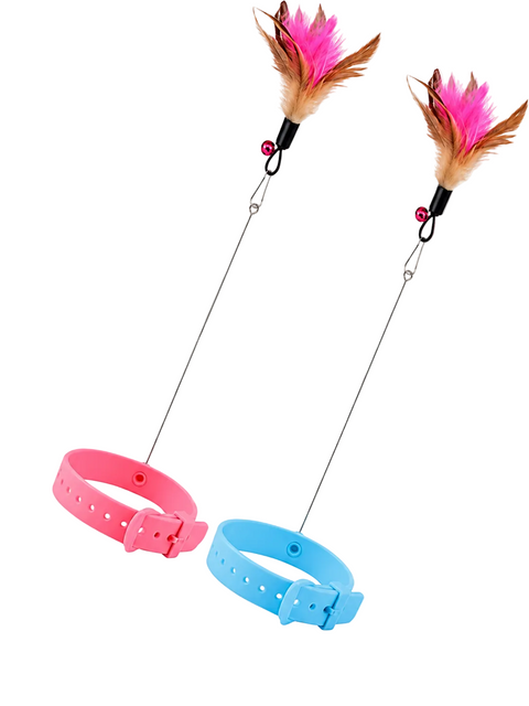 Two pet collars, one pink and one blue, shown with attached feather wands on a white background with a large Petsmart watermark and a red contact banner at the bottom.