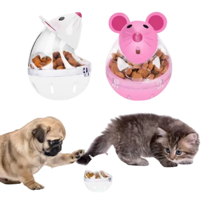 Mouse shaped cat slow feeder tumbler ball toy with transparent treat dispenser