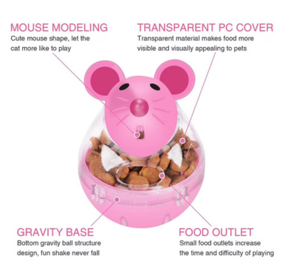 Pink cat toy with a mouse head design, clear transparent body, and brown kibble inside, shown on a white background with feature callouts and the Petsmart logo.