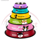 A six-tiered pyramid-shaped stainless steel dog and cat feeder bowl set by Petsmart, featuring colorful printed labels from red to purple with cat and dog illustrations and text like 'CATS', 'DOGS', 'Love to live', and 'Good dog companion'.