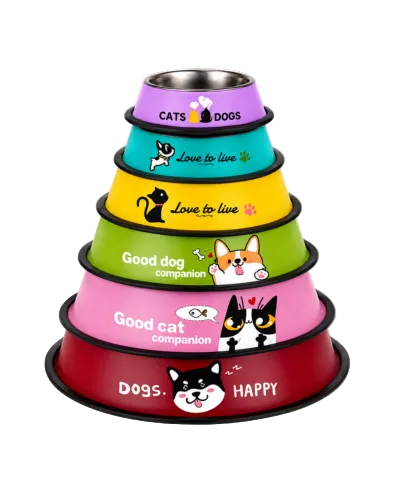 A six-tiered pyramid-shaped stainless steel dog and cat feeder bowl set by Petsmart, featuring colorful printed labels from red to purple with cat and dog illustrations and text like 'CATS', 'DOGS', 'Love to live', and 'Good dog companion'.