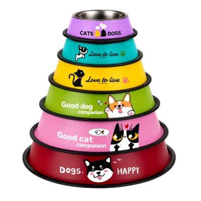 A six-tiered pyramid-shaped stainless steel dog and cat feeder bowl set by Petsmart, featuring colorful printed labels from red to purple with cat and dog illustrations and text like 'CATS', 'DOGS', 'Love to live', and 'Good dog companion'.