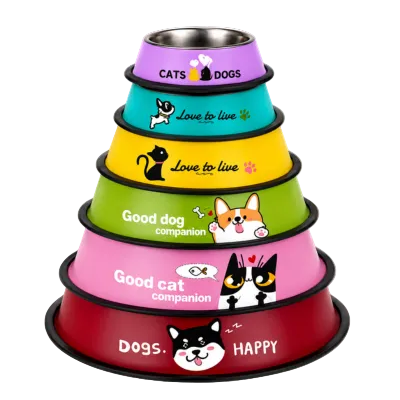 A six-tiered pyramid-shaped stainless steel dog and cat feeder bowl set by Petsmart, featuring colorful printed labels from red to purple with cat and dog illustrations and text like 'CATS', 'DOGS', 'Love to live', and 'Good dog companion'.