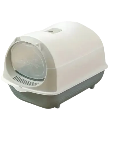 Small grey and white covered cat litter box with front door and matching litter scoop
