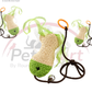 Beige and green crinkle tassel cat toy with orange ring, brown cord and metal bell