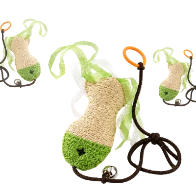 Beige and green crinkle tassel cat toy with orange ring, brown cord and metal bell