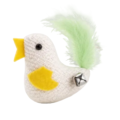 White bird-shaped cat toy with yellow wings, green feather tail and small bell