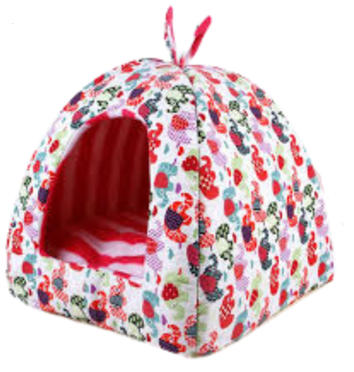 Floral rabbit-style indoor pet house with red interior and covered entrance