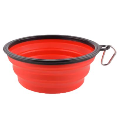 Red foldable travel dog bowl with black rim and metal carabiner clip