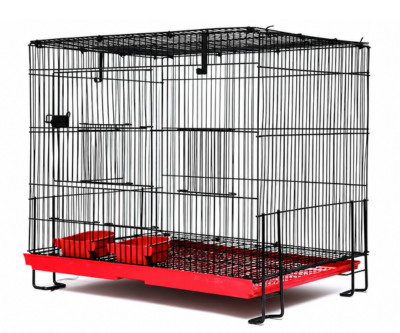 Black folding bird cage 24 by 18 by 18 inches with red tray feeding cups and internal perches