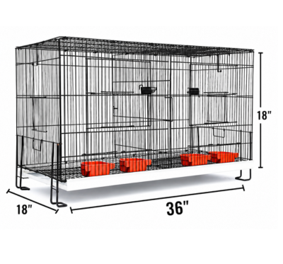 Large black folding bird cage 36 by 18 by 18 inches with red feeding cups and multiple perches