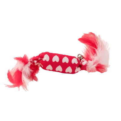 Pink heart print candy-shaped cat toy with feather ends and a small bell