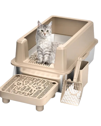 High Sided Stainless Steel Cat Litter Box With Step And Scoop