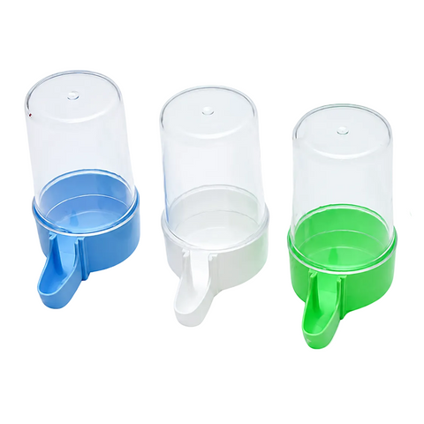 Large blue and white bird food and water dispenser for cage mounting