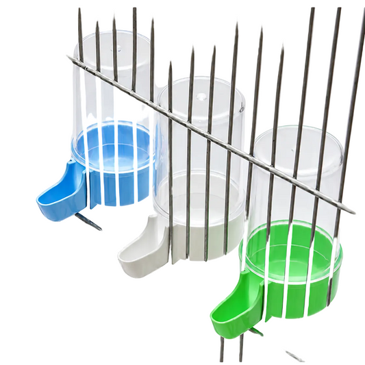 Three clear plastic pet water bottles with blue, white, and green dispensers mounted on a metal wire cage. The Petsmart logo is visible in the top left corner, and a red contact banner is at the bottom.