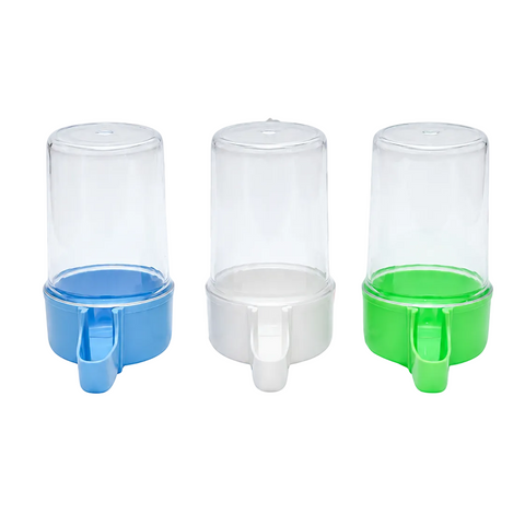 Three pet waterer components shown side by side on a white background, featuring clear plastic upper cylinders with blue, white, and green bases. The Petsmart logo is visible in the top left, and a red contact banner is at the bottom.