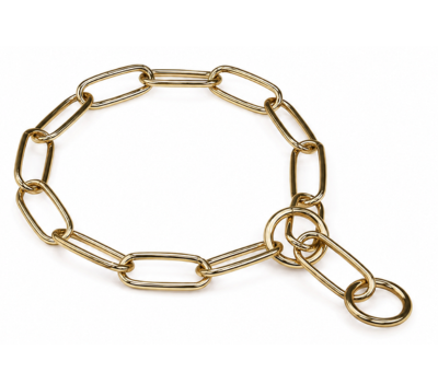 Large golden metal choke chain collar for dogs with elongated links and two end rings