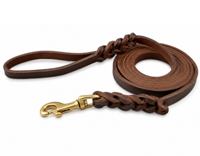 Large brown leather dog leash for German Shepherd with braided detail and gold-tone metal snap hook